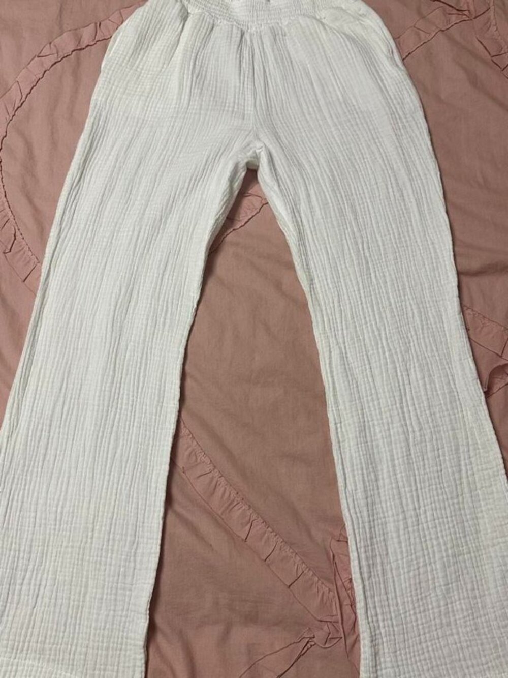White 100% cotton Simply Blessed wide leg pull on pants with a boho vibe. Size M